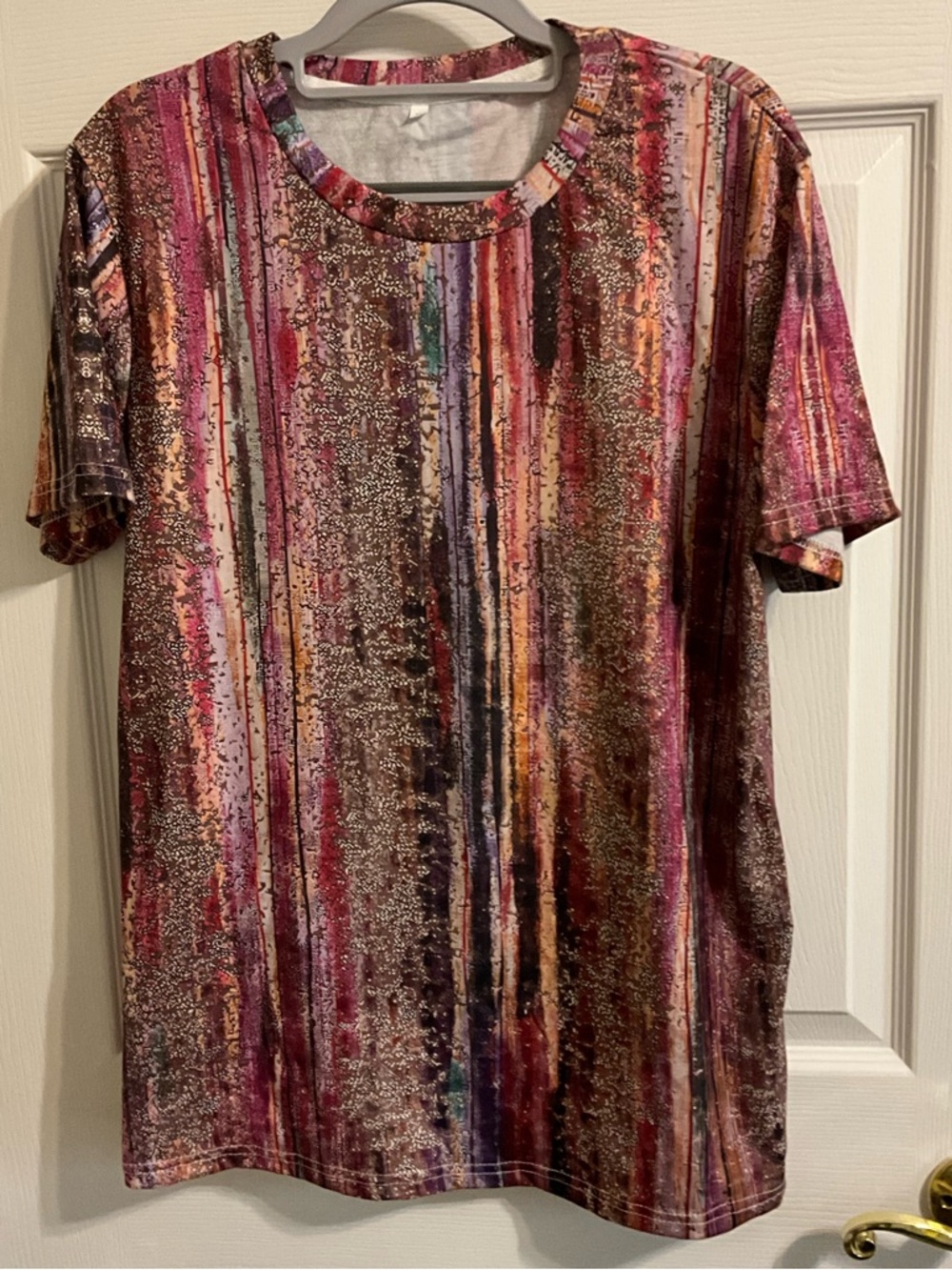 Multicolor Striped Short Sleeve Tee - Pink, Purple, Gold Accents